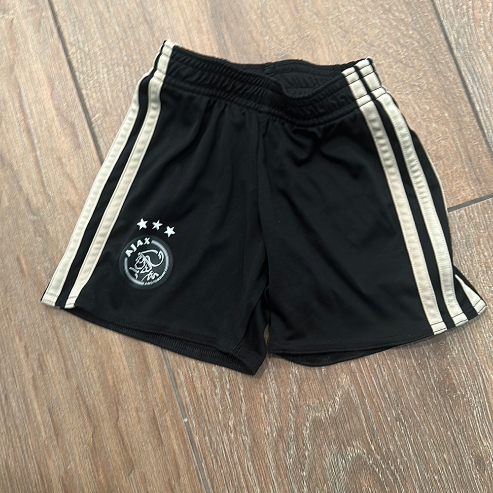 Adidas AJAX boys shorts. (Amsterdam). Size 3T. Blood black with tan stripes.